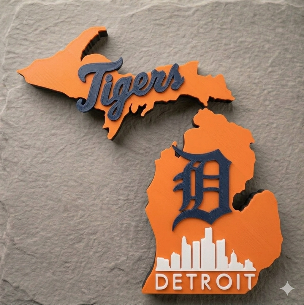 Detroit Tigers Michigan mitten wall decor in orange, navy, and white