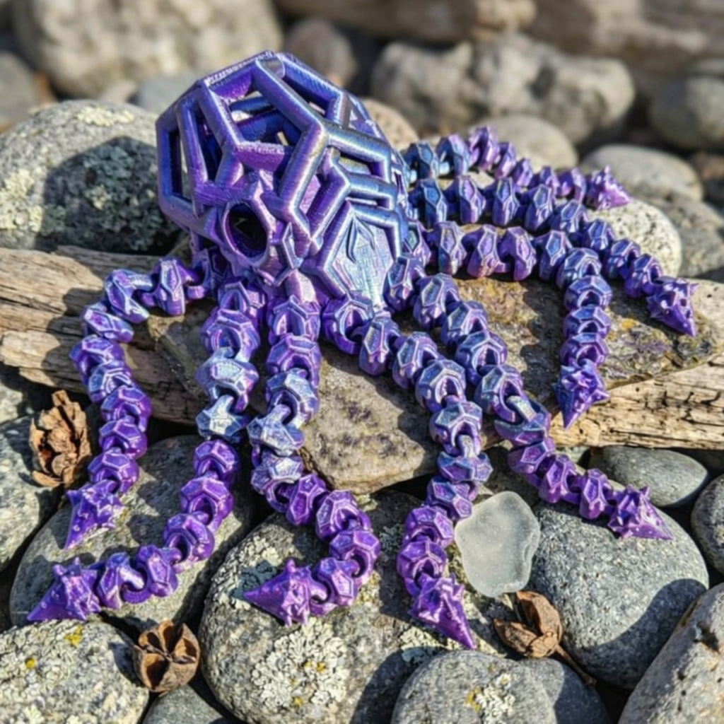 Void Octopus articulated creature in an iridescent purple finish posed on driftwood and stones